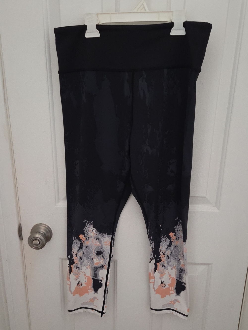 Zyia Active Black Capri Leggings with Coral and White Print